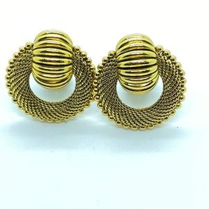 Vintage Joan Rivers Antique Gold Tone Textured Chunky Door Knocker Clip Earring